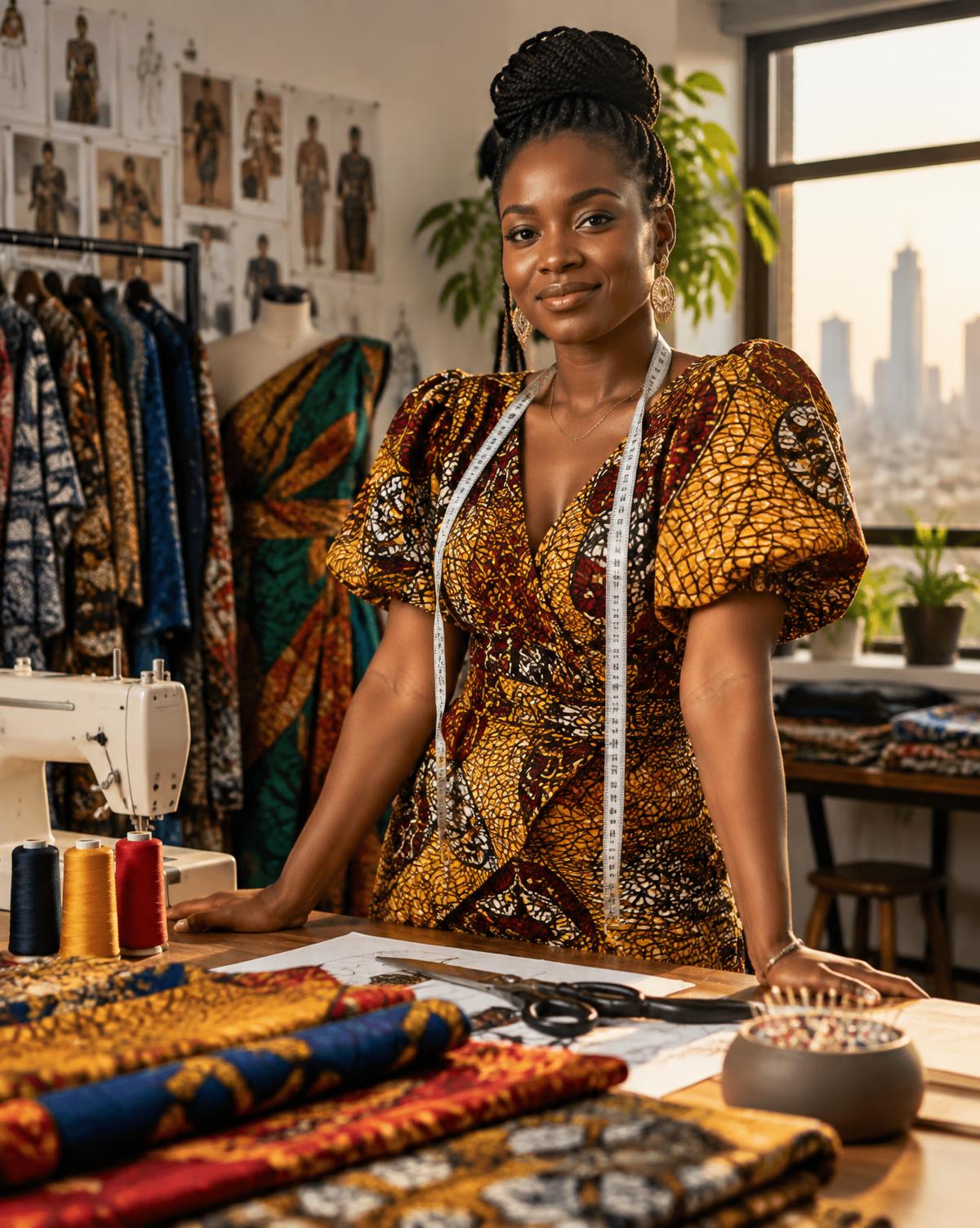 A Nigerian fashion entrepreneur in her studio
